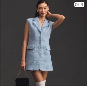NWOT Anthropolgie Maeve Sleeveless Tweed Blazer Mini Dress in Light Blue